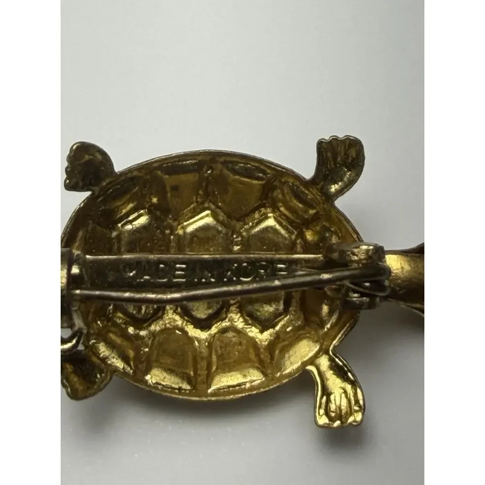 Vintage Turtle Pin Brooch Gold Tone Turquoise Blue Textured Shell Korea 1